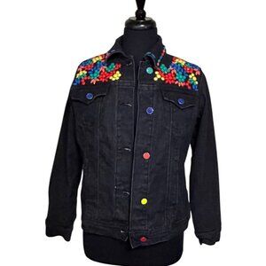 DG2 by Diane Gilman Off-Black Denim Jacket w/Floral Beads Women's Size XS